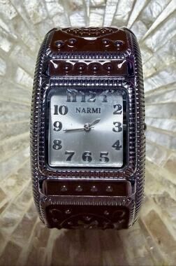Narmi Brown Enamel Hinged Bangle Watch Silver Tone Cuff Bracelet